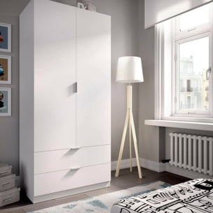 Guardaroba 2 ante Anya, Mobile appendiabiti per camera da letto, Armadio multiuso 2 cassetti, 81x52h184 cm, Bianco