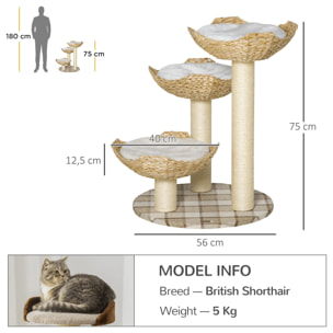 Árbol Rascador para Gatos Altura 75 cm con 3 Camas de Totora Cojines 56x56x75 cm