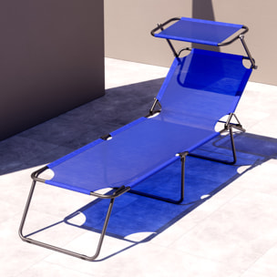 Lettino Pieghevole Con Tettuccio Regolabile Parasole Schienale Reclinabile Struttura In Metallo Nero Sdraio Spiaggia Mare Giardino Piscina Blu