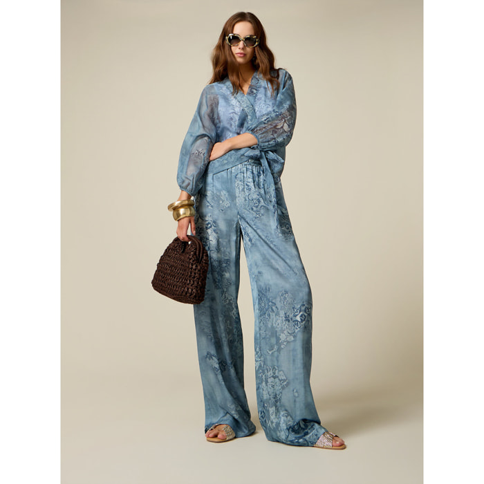 Oltre - Pantalones palazzo en raso de viscosa - Light - blue