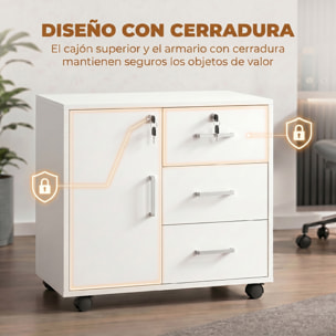 Mueble para Impresora con Ruedas, Mesa para Impresora con Puerta y 3 Cajones, Cerraduras, Estante Ajustable, Archivador Móvil para Oficina en Casa, 60x40x56 cm, Blanco