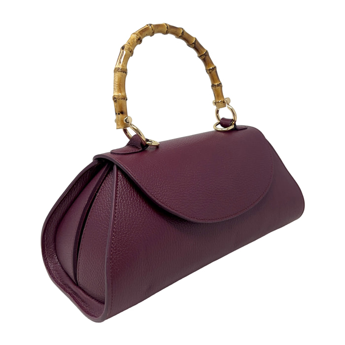 Borsa a Mano Elegante da Donna con Manico in Bambu in Pelle Martellata