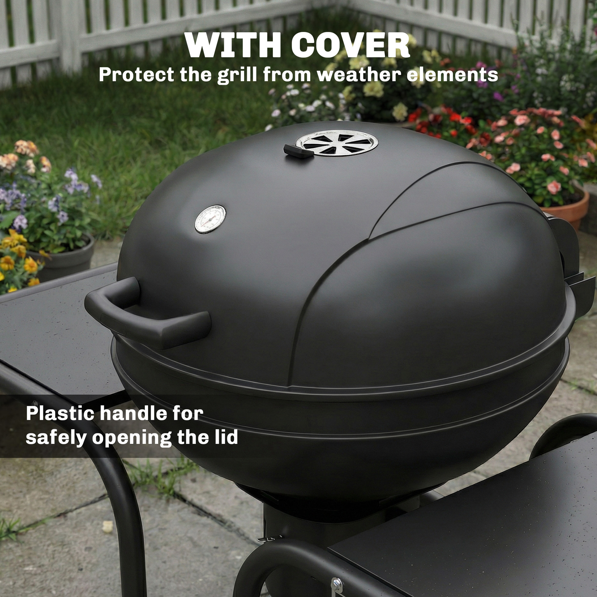 Barbecue à charbon rond mobile avec couvercle thermomètre 2 grilles 3 étagères