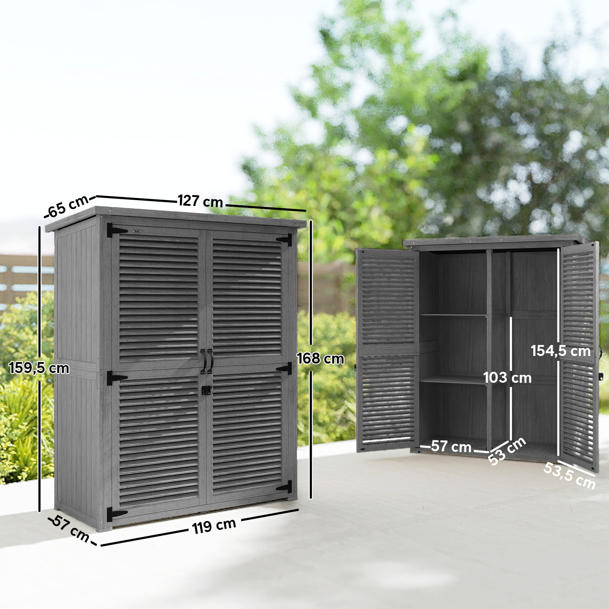 Caseta de Jardín de Madera, 127x65x168 cm, Cobertizo Jardín Exterior, Armario para Almacenaje Herramientas, con 2 Puertas de Persiana 2 Estantes Techo Impermeable para Patio Terraza, Gris