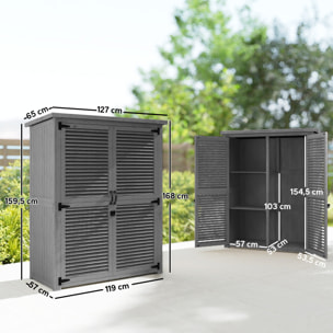 Caseta de Jardín de Madera, 127x65x168 cm, Cobertizo Jardín Exterior, Armario para Almacenaje Herramientas, con 2 Puertas de Persiana 2 Estantes Techo Impermeable para Patio Terraza, Gris
