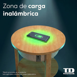 Mesa auxiliar altavoz portátil con sonido de 30W, Bluetooth, base de carga inalámbrica, batería de 2200mAh. Mesilla o mesita para dormitorio o sala de estar - TD Systems SM30B11WC8B [Madera cerezo]