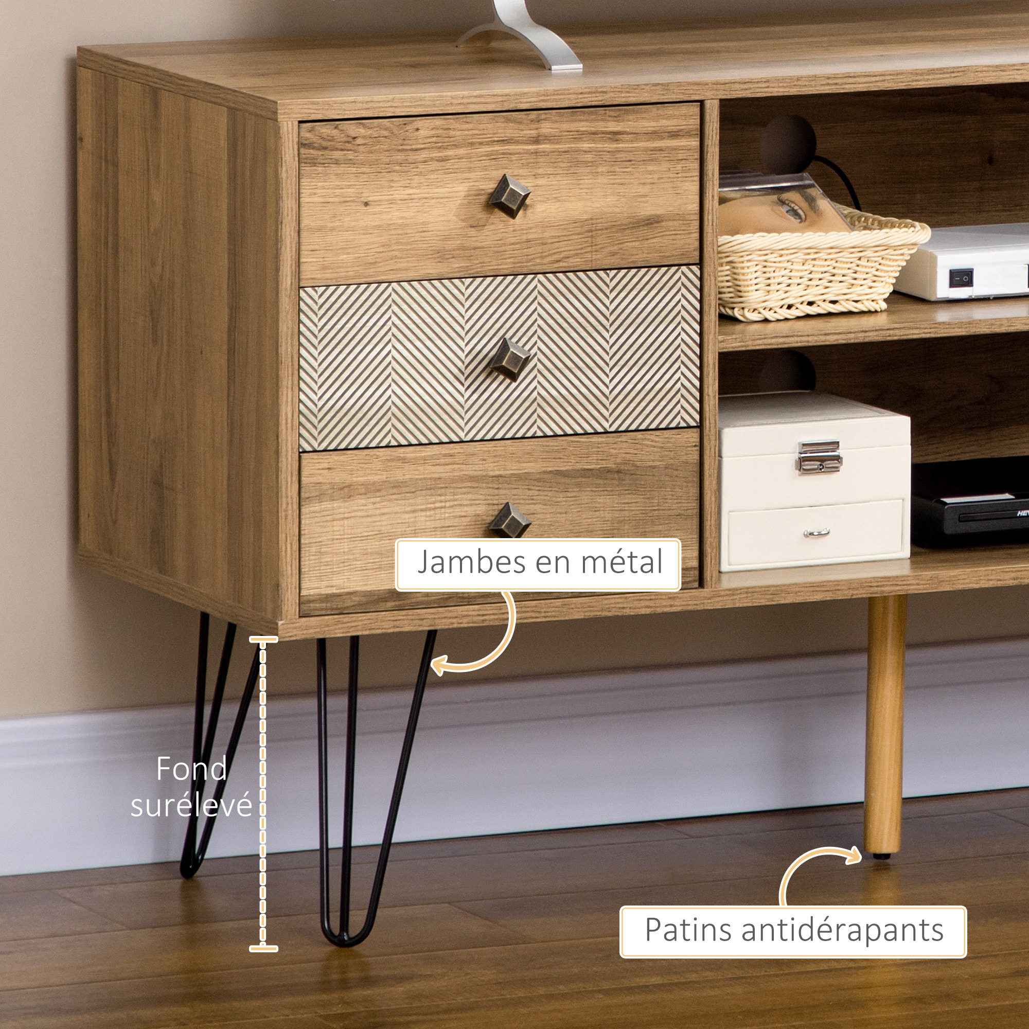 Meuble TV banc TV design industriel graphique - 4 tiroirs, 4 niches, porte - piètement épingle métal noir aspect bois