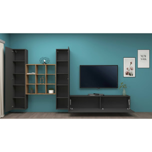 Parete attrezzata Denis, Set salotto porta TV a 3 ante, Mobile soggiorno multiuso, 100% Made in Italy, cm 270x30h180, Antracite e Acero