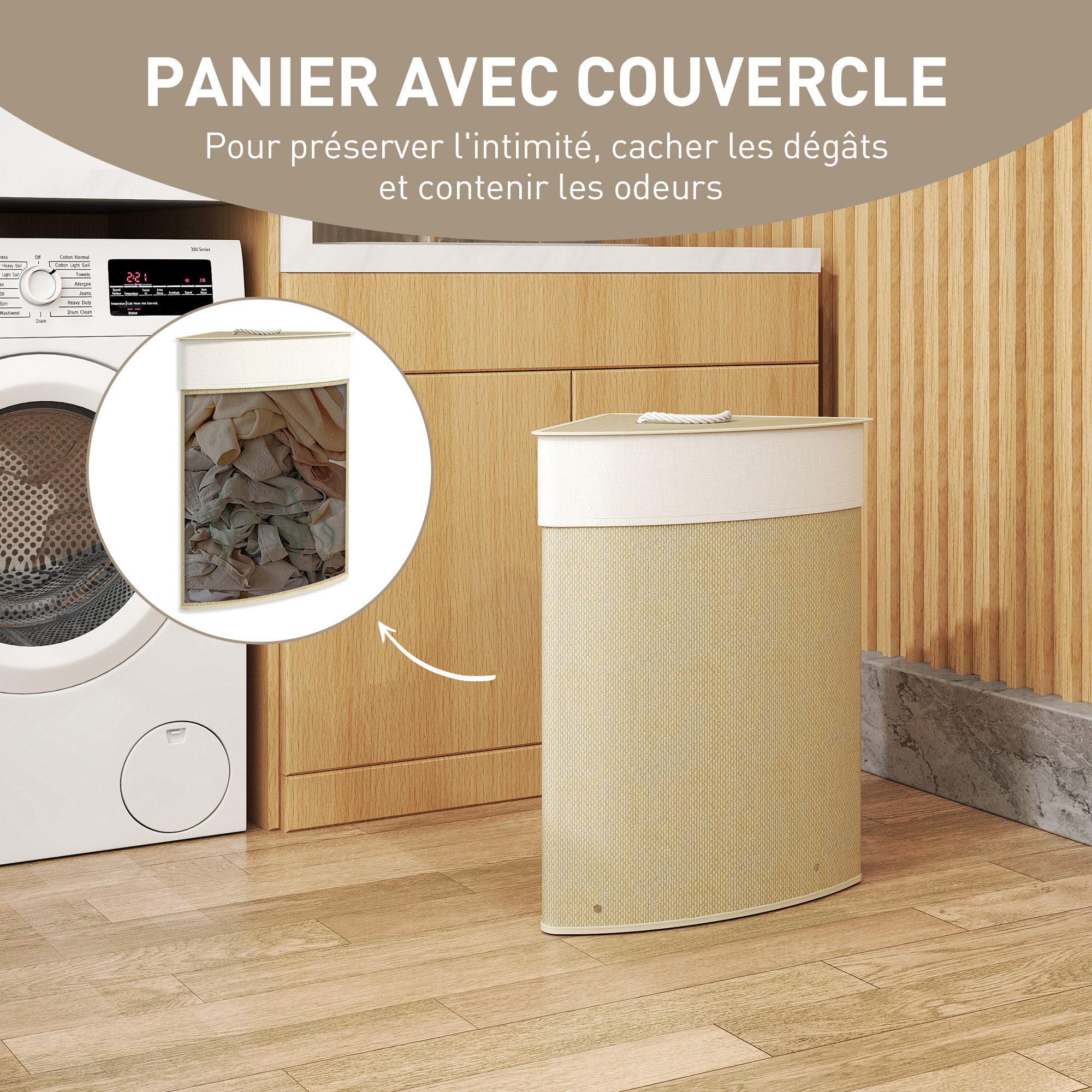 Panier à linge d'angle bambou 55L déhoussable lavable beige