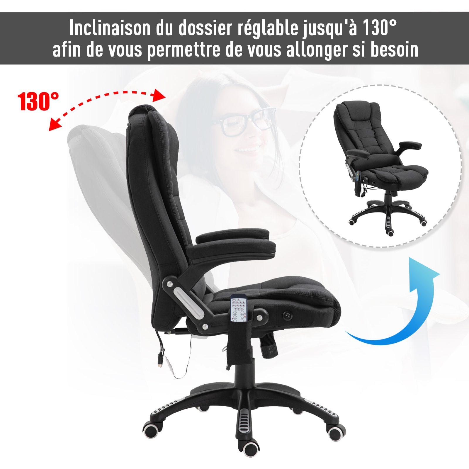 Fauteuil de bureau direction massant chauffant hauteur réglable dossier inclinable toile de lin noir