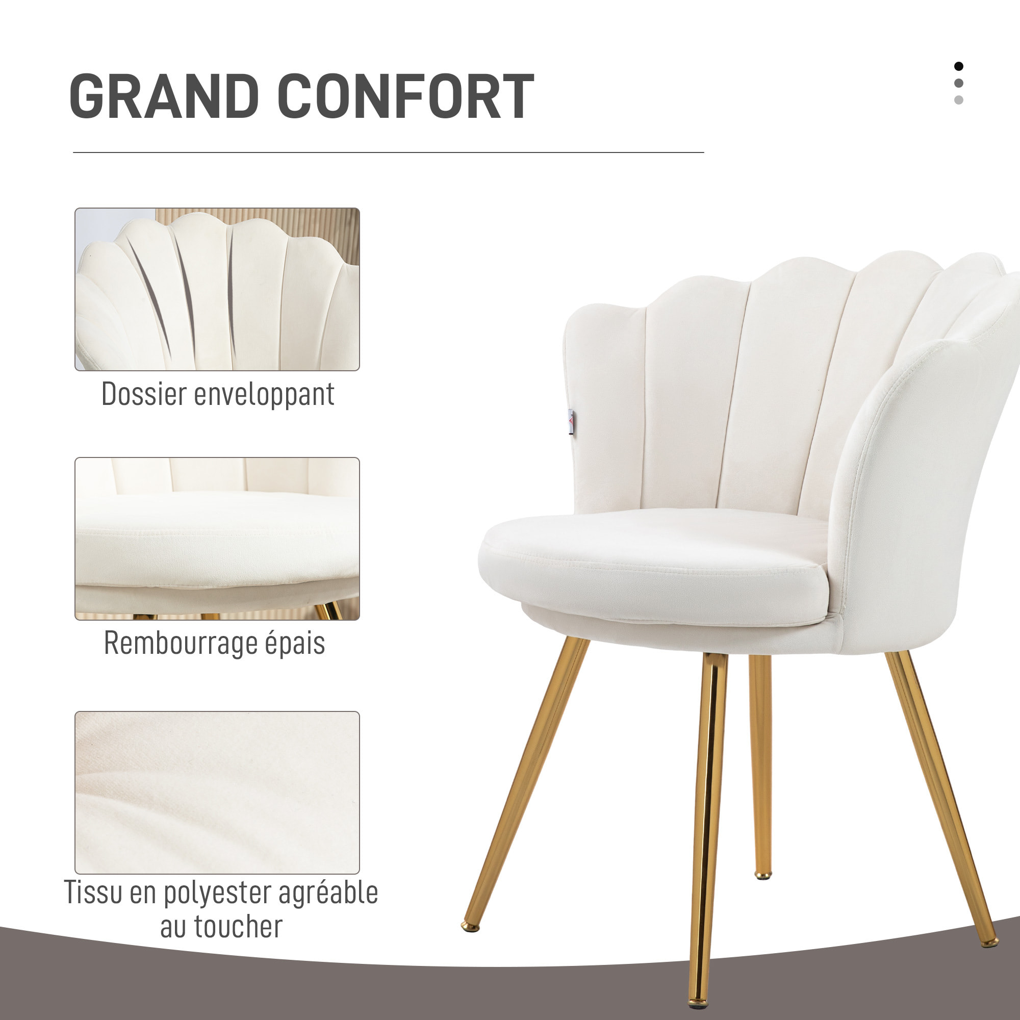 Chaise coquillage chaise design pieds métal dorés effilés velours crème