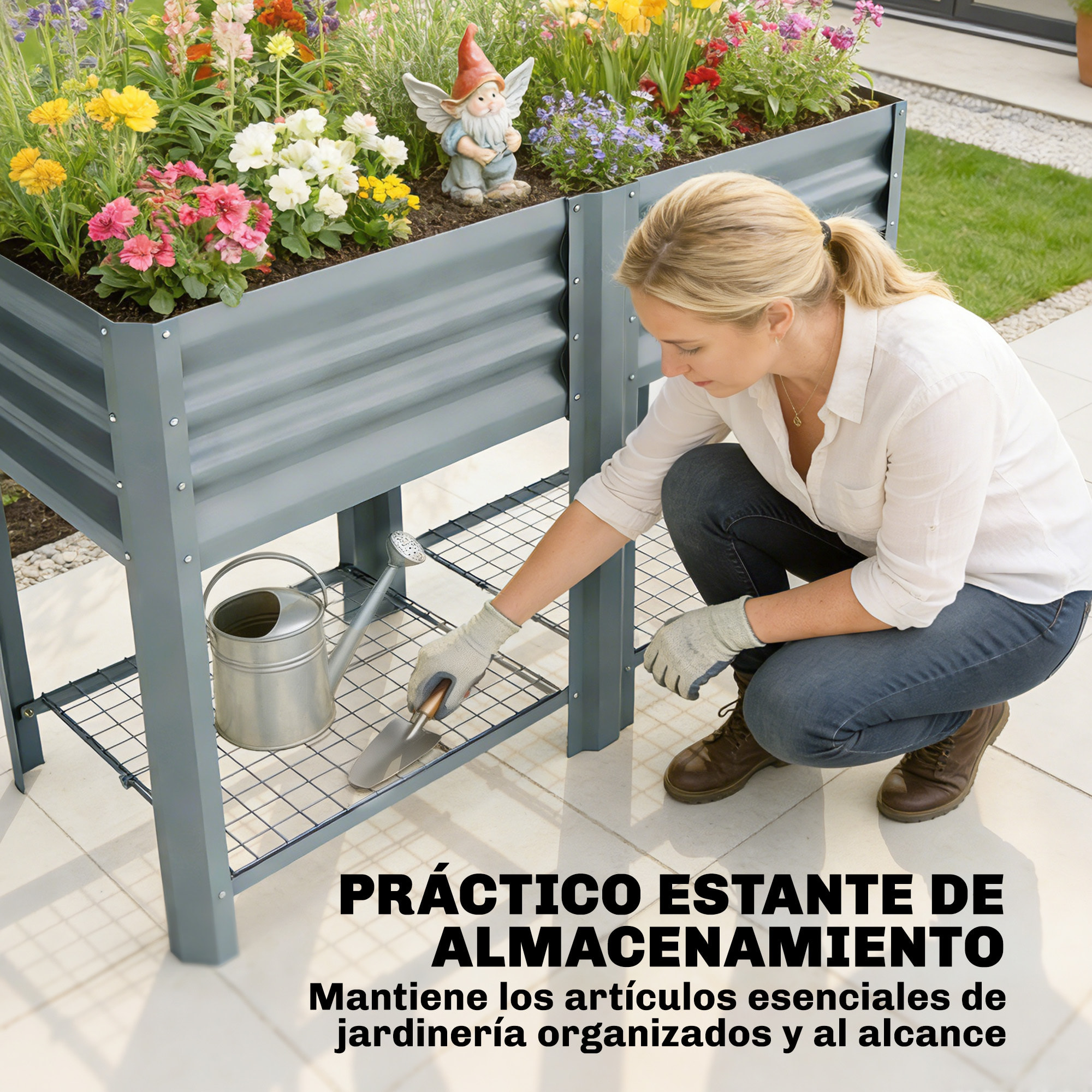 Huerto Urbano Elevado con Estante Inferior, Mesa de Cultivo de Metal Galvanizado con Forro y Guantes, para Cultivo, Plantas y Flores, 120x55x80 cm, Gris Plateado