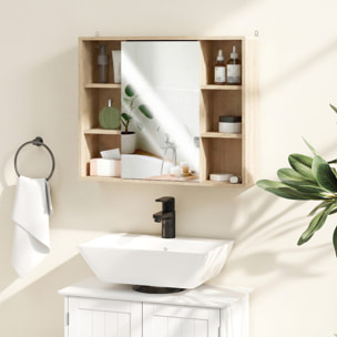 Armoire miroir salle de bain porte 4 étagères latérales 2 étagères intérieures effet bois clair naturel
