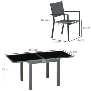 Ensemble de jardin 4 personnes chaises empilables table extensible 80/160L cm alu. teslin antracite