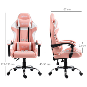 Silla Gaming Ergonómica Silla de Escritorio Racing Giratoria con Altura Ajustable Reclinable de 135° Reposacabezas y Cojín Lumbar para Oficina Estudio 63x67x122-130 cm Rosa