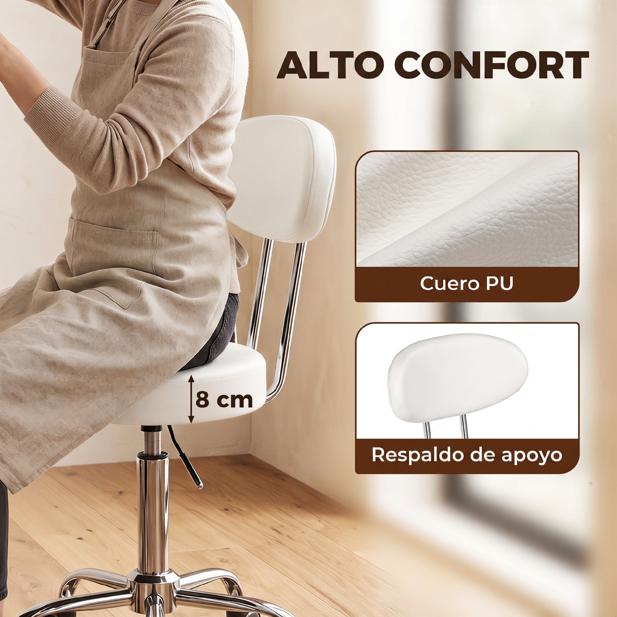 Taburete con Ruedas, Taburete Giratorio con Respaldo, Altura Regulable, Tapizado en Cuero Sintético, Asiento Acolchado, para Spa, Tatuajes, Oficina, Dormitorio, Blanco