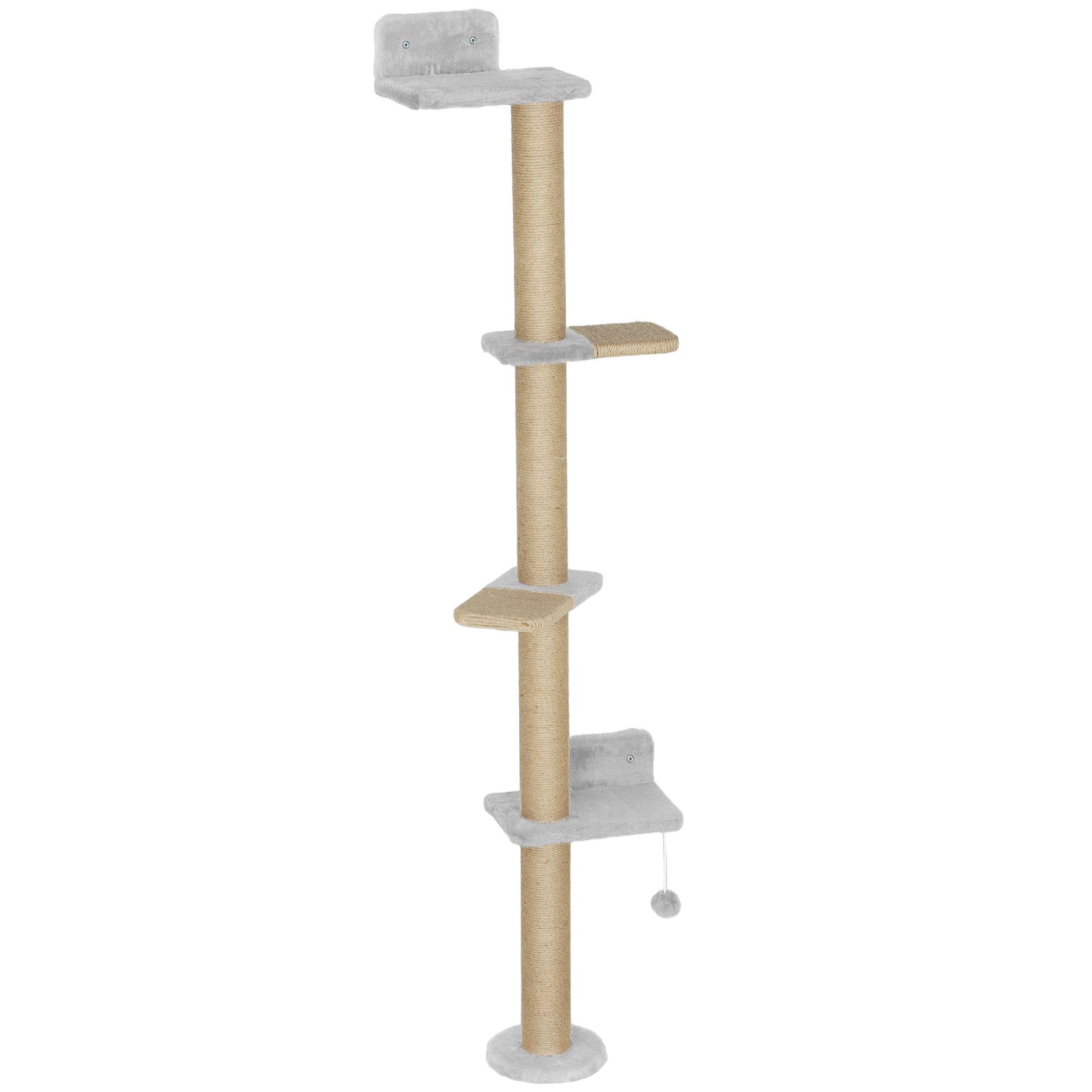 Arbre à chat mural 4 plateformes griffoirs grattoirs boule - 48x21x180cm - gris clair