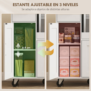 Mueble Auxiliar de Cocina con Ruedas, Aparador de Cocina para Microondas con Bandeja Deslizante, Cajón, 3 Puertas, Estante Ajustable y Orificio para Cables, para Salón, 80x40x88,7 cm, Blanco