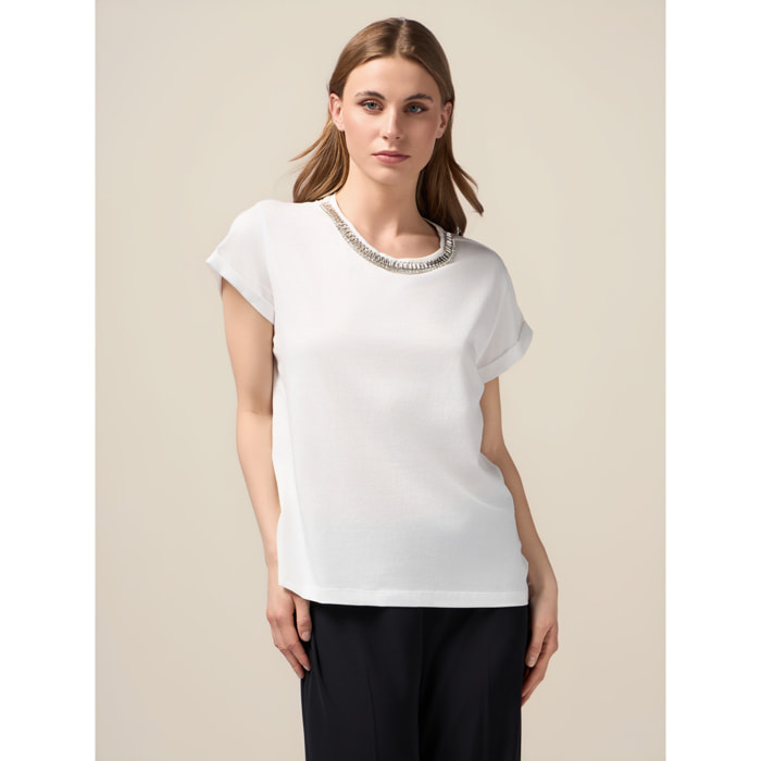 Oltre - T-shirt con applicazione gioiello - Bianco