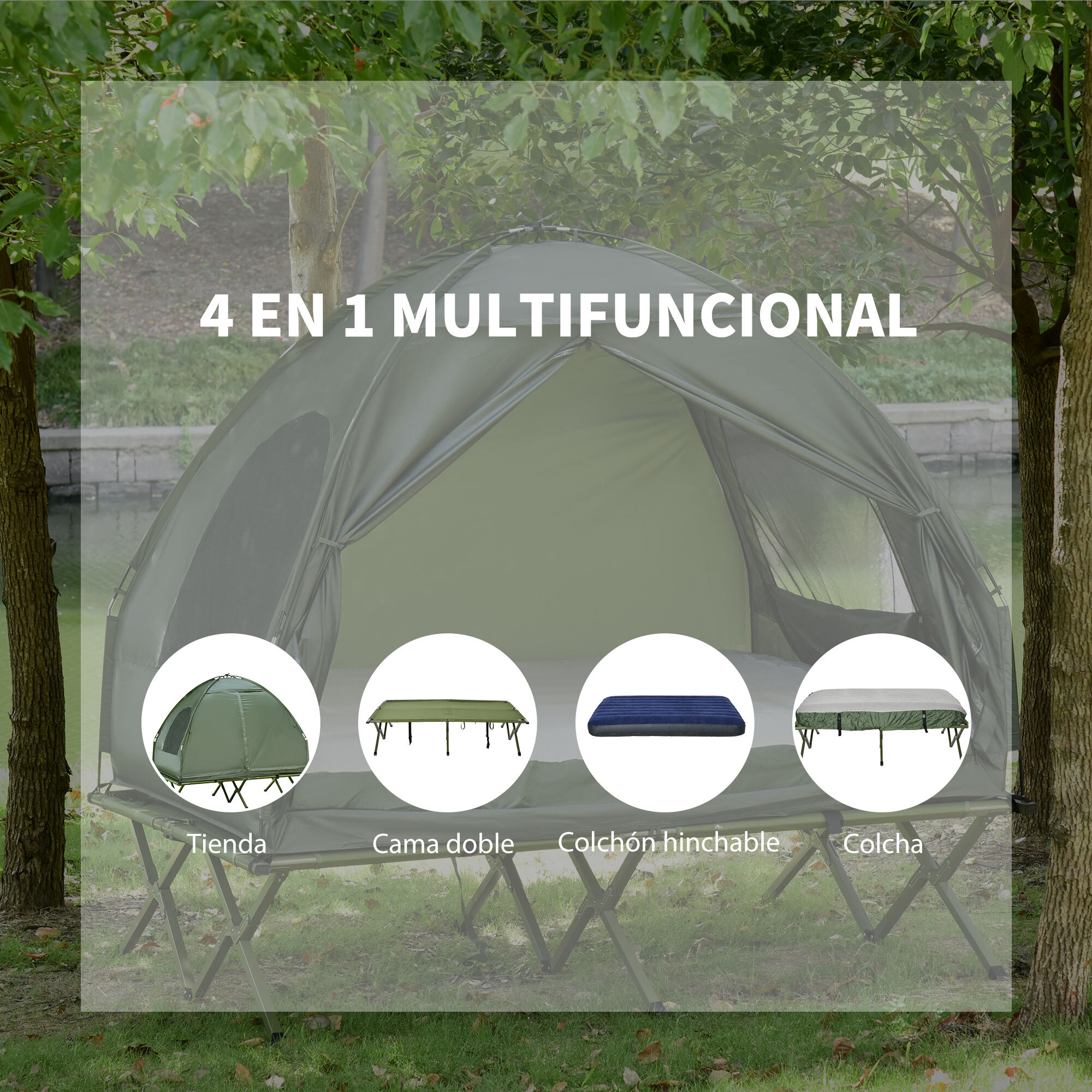 Outsunny Cama Doble de Camping Plegable con Tienda de Campaña Colchón Hinchable