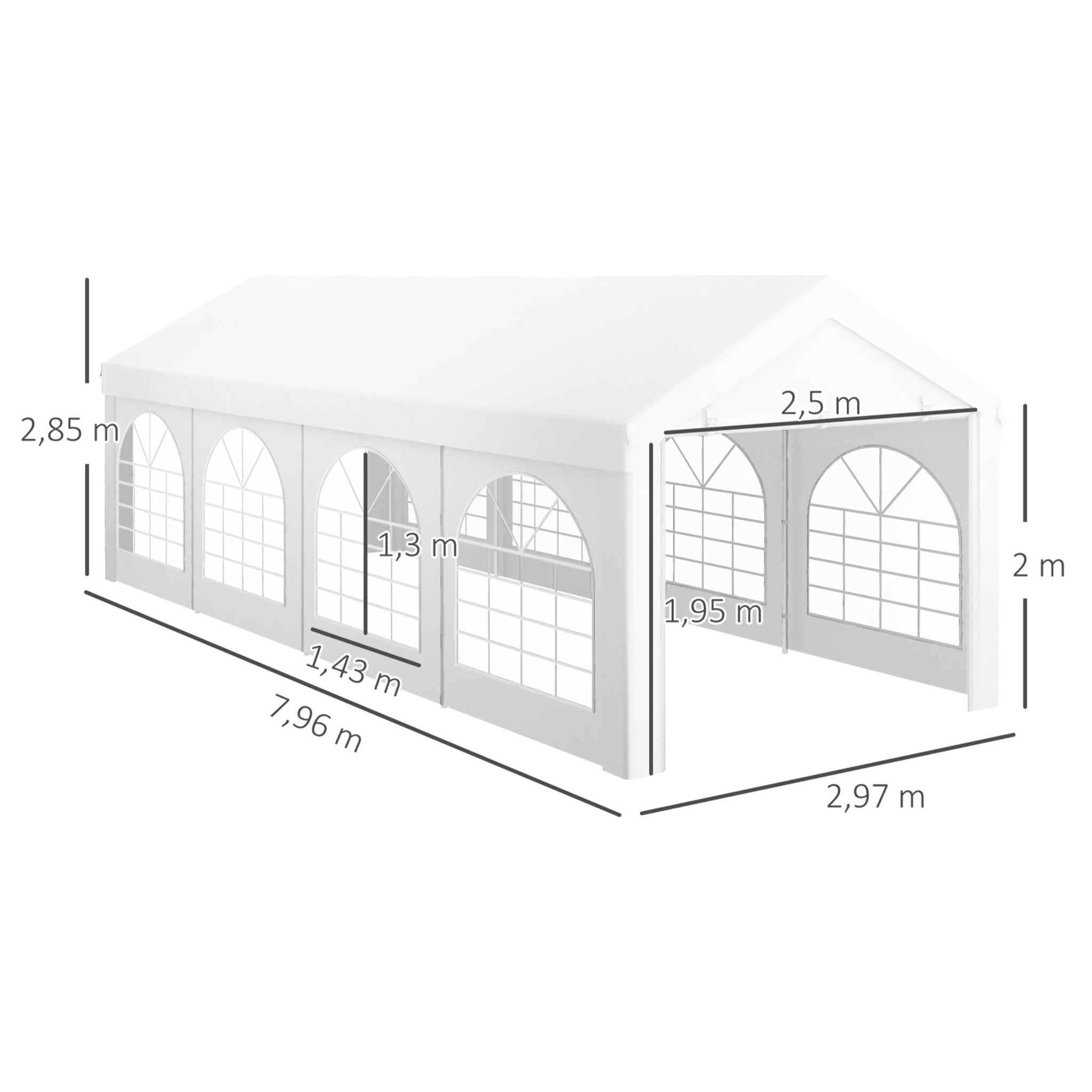 Tente de réception tonnelle barnum dim. 7,96L x 2,97l x 2,85H m 2 portes zippées acier galvanisé PE blanc