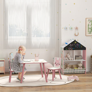 Conjunto para Niños Incluye 1 Estantería para Juguetes con Pizarra Pintable 2 Cajas de Tela no Tejida y 1 Mesa Infantil con 2 Sillas para Dormitorio Sala de Juegos Rosa