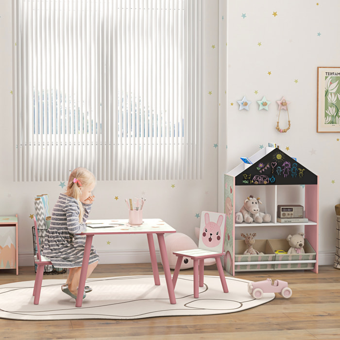 Conjunto para Niños Incluye 1 Estantería para Juguetes con Pizarra Pintable 2 Cajas de Tela no Tejida y 1 Mesa Infantil con 2 Sillas para Dormitorio Sala de Juegos Rosa