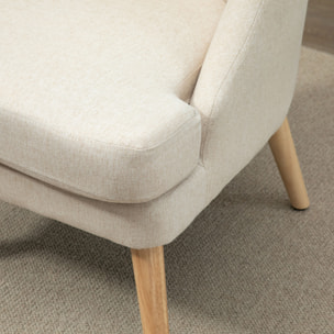 Fauteuil lounge design scandinave pieds effilés bois massif hévéa revêtement tissu polyester aspect lin beige