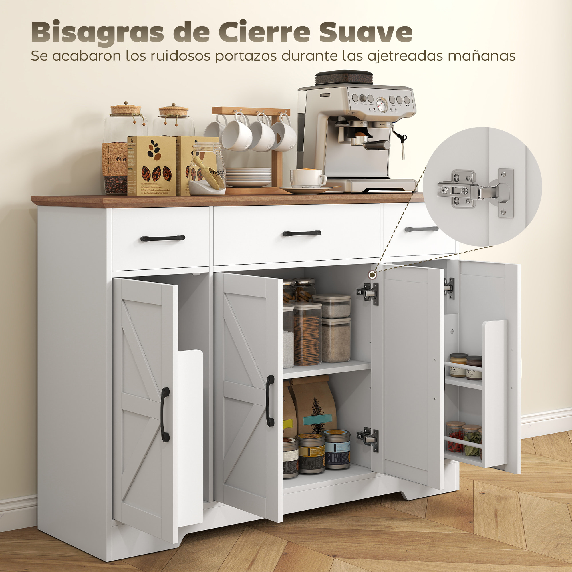 Aparador de Cocina Rústico, Armario de Cocina con 4 Estantes de Puerta, 3 Cajones, Estantes Ajustables, Puerta con Cierre Suave, Mueble de TV para 48-55 Pulgadas, 120x38x87 cm, Blanco y Nogal