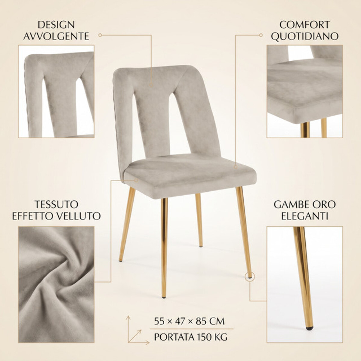Sedia Imbottita in Effetto Velluto con Schienale Aperto e Gambe Oro, Design Moderno ed Elegante per Sala da Pranzo, Cucina, Soggiorno, Studio e Ufficio