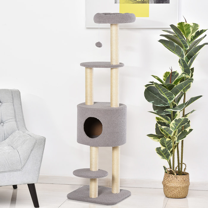 árbol Rascador para Gatos Altura 148 cm árbol para Gatos Torre para Gatos con Postes de Sisal 3 Plataformas Casita y Bola Colgante Gris
