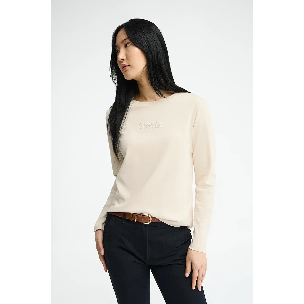 Maglietta crema a maniche lunghe con brillantini Polo Club