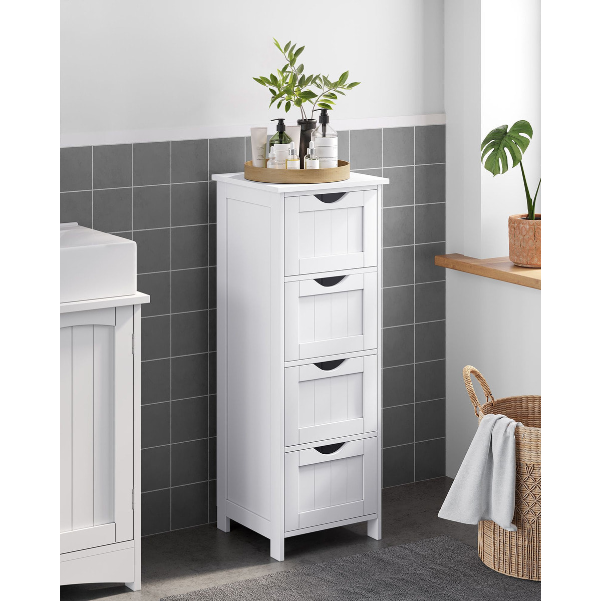Mobiletto da Bagno Salvaspazio con 4 Cassetti in Legno Bianco