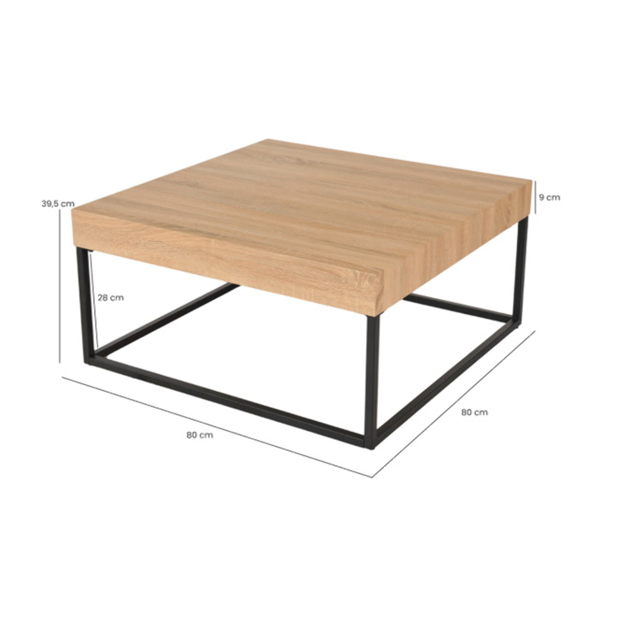 Table basse carré 80x80 cm en décor bois de chêne et pieds métal noir - LUNA