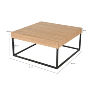 Table basse carré 80x80 cm en décor bois de chêne et pieds métal noir - LUNA