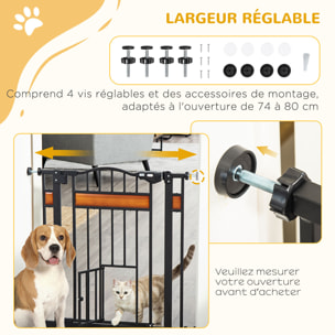 Barrière de sécurité animaux - longueur réglable dim. 74-80 cm - 2 portes verrouillables, ouverture double sens - sans perçage - acier noir pin