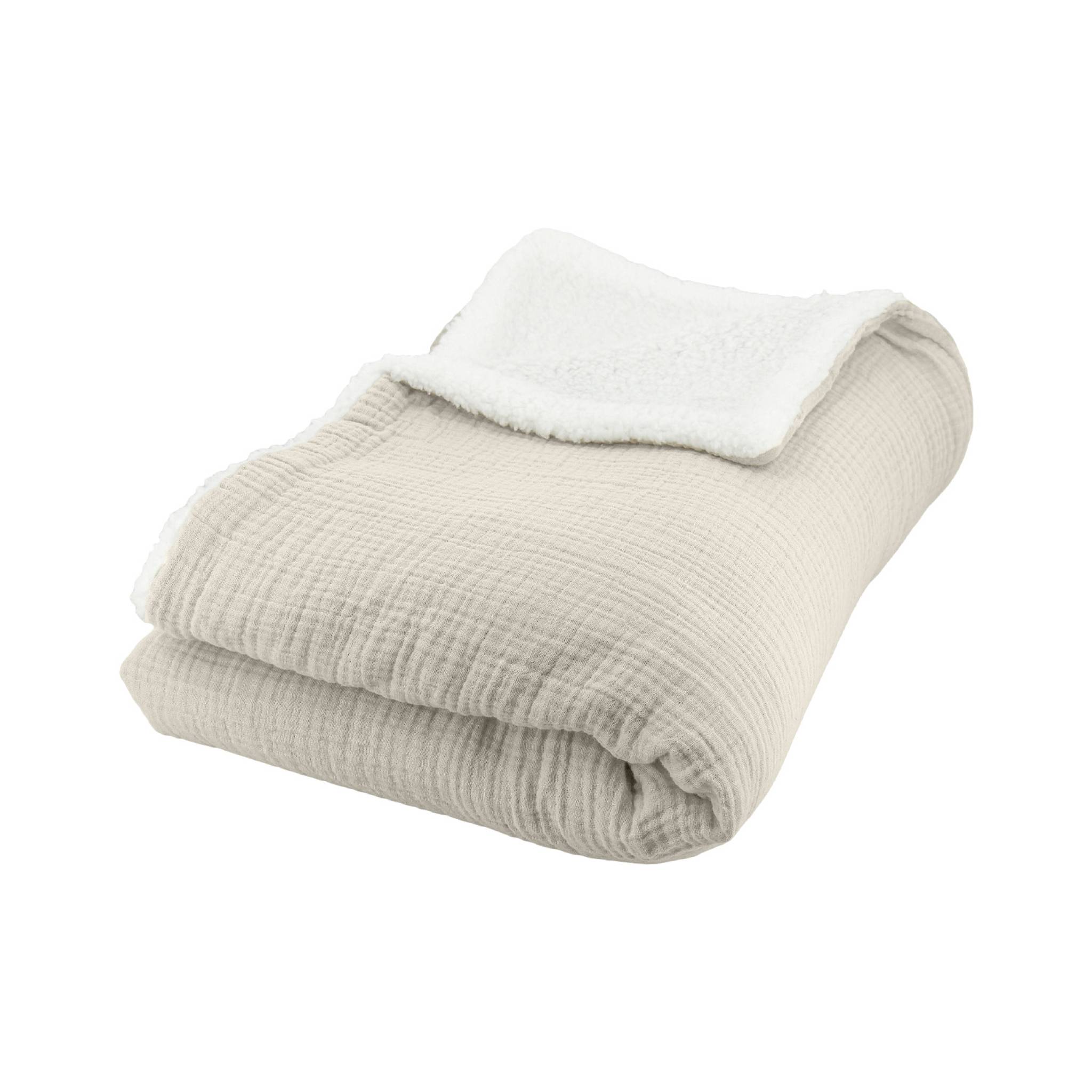 Plaid sherpa et gaze de coton 130 x 170 cm galet. ALIX. bi-matière