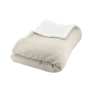 Plaid sherpa et gaze de coton 130 x 170 cm galet. ALIX. bi-matière