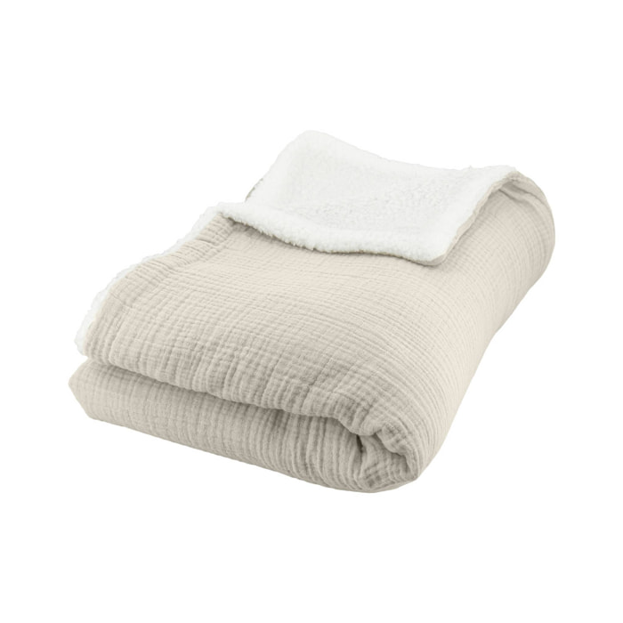 Plaid sherpa et gaze de coton 130 x 170 cm galet. ALIX. bi-matière