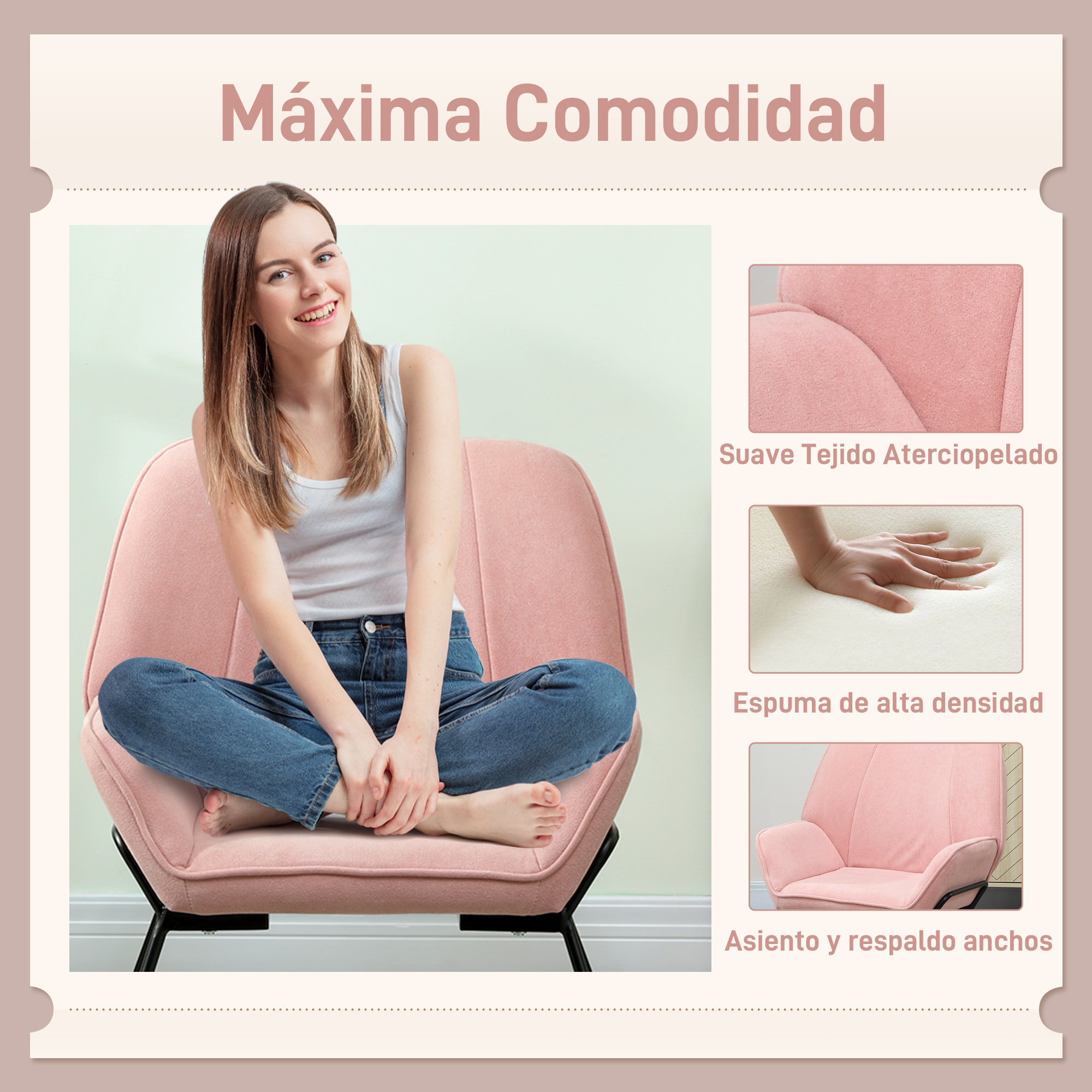 Butaca de Salón Moderna Sillón Lectura con Asiento Ancho y Acolchado Tapizado en Terciopelo Patas de Metal Sillón para Salón Sala de Estar Dormitorio Rosa