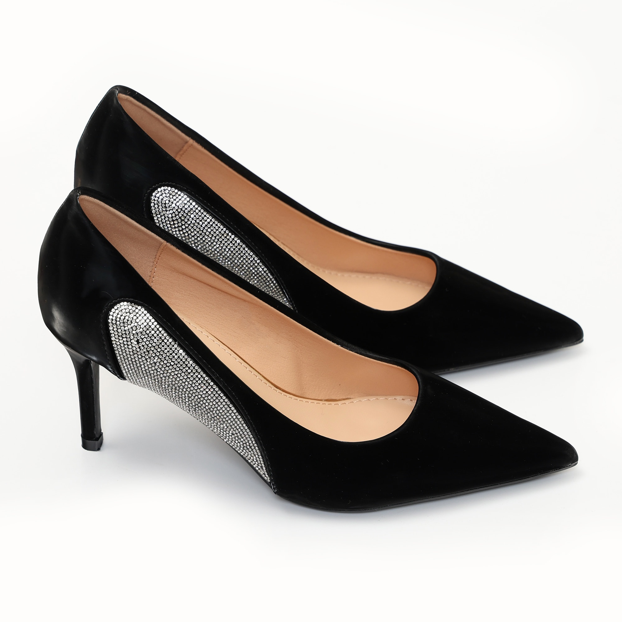 Dècolletè pumps in simil pelle verniciata con strass laterali