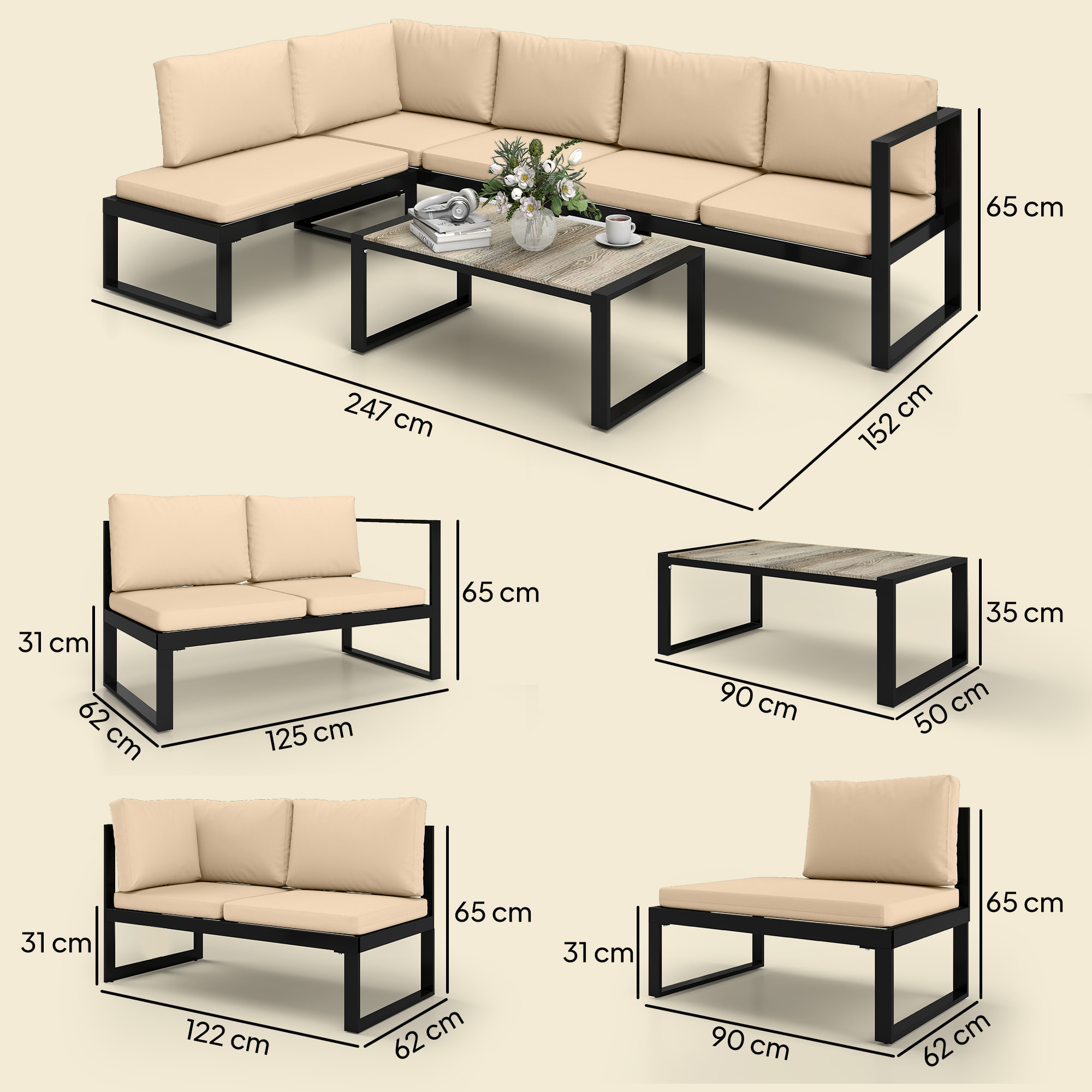 Conjunto de Jardín Exterior de 4 Piezas, Muebles Jardín Exterior con 2 Sofás de 2 Plazas, 1 Sillón sin Brazos y Mesa de Centro, Conjunto de Sofá con Estructura de Acero y Cojines, Caqui