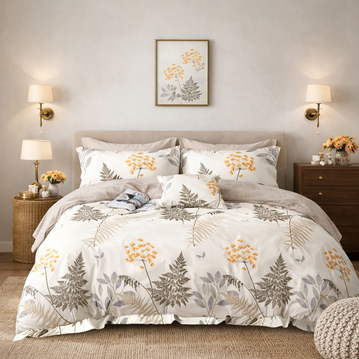 Parure housse de couette 100% percale de coton - motif botanique beige orange