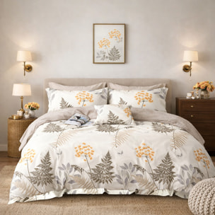 Parure housse de couette 100% percale de coton - motif botanique beige orange
