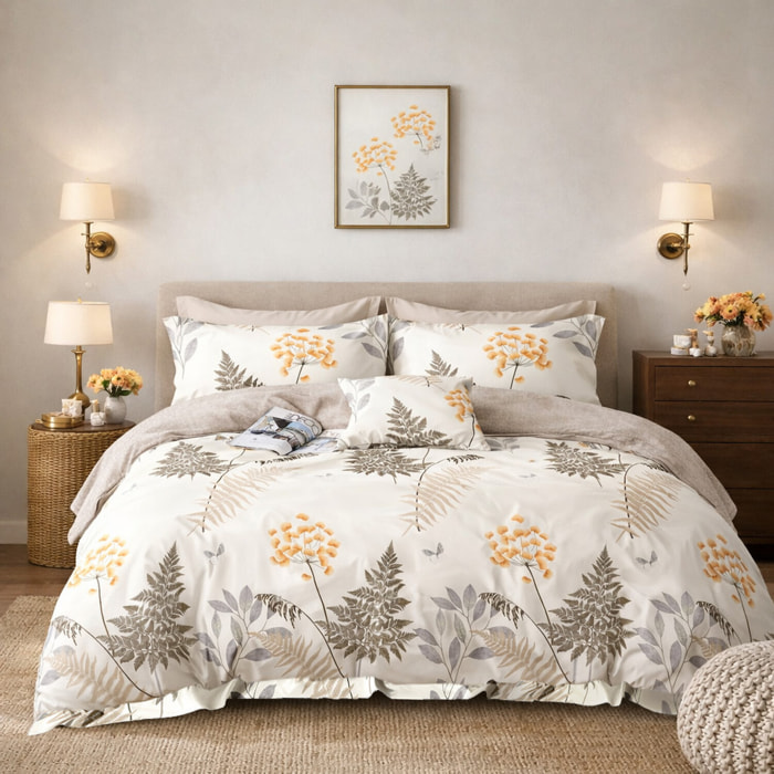 Parure housse de couette 100% percale de coton - motif botanique beige orange