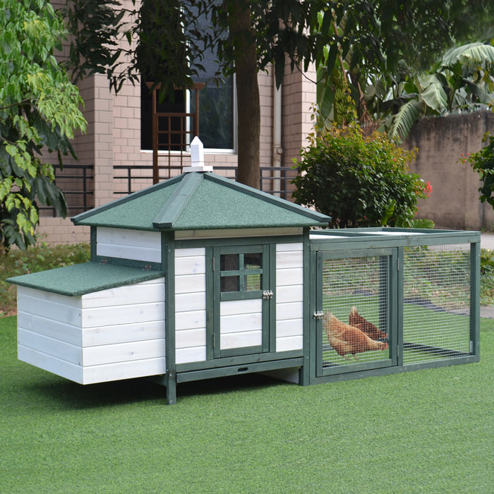 PawHut Gallinero de Madera de Pino Refugio Jaula para Gallinas Pollos Exterior con Caja Nido Bandeja Extraíble y Espacio para Correr 196x76x97 cm Verde y Blanco