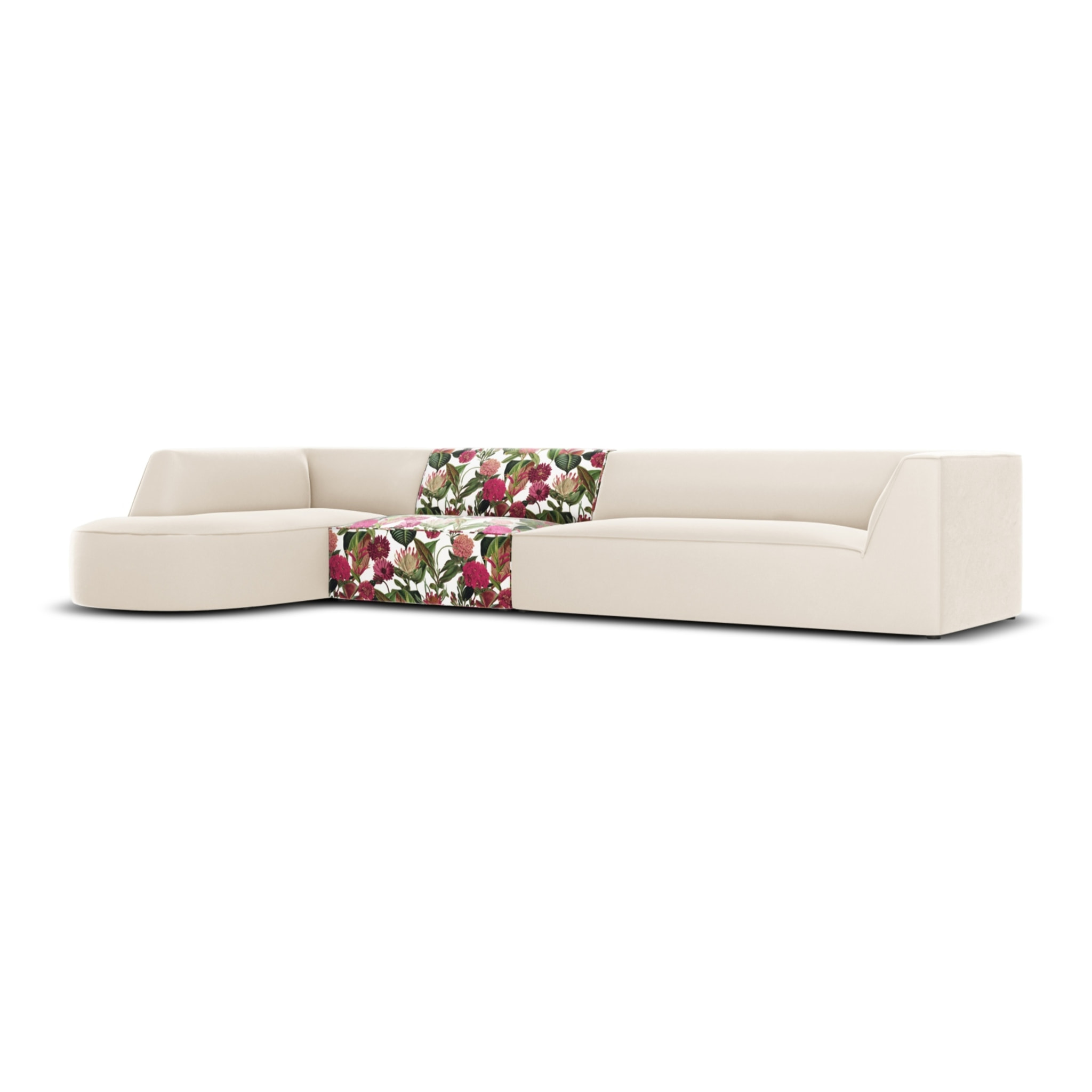 Canapé d'angle gauche "Charles" 5 places en velours motif de rose de jardin,beige