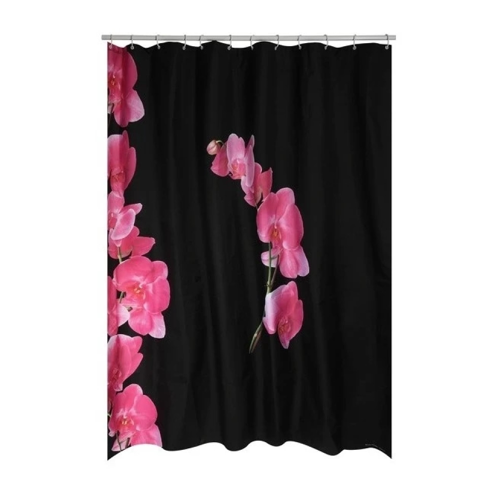 Rideau de douche Polyester LANYU 180x200cm Motif Fleurs Noir & Rose - Anneaux inclus MSV