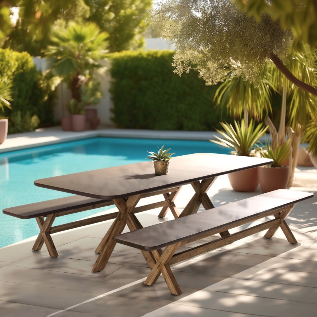 NESTOR - Ensemble table et bancs effet béton marron pieds en bois d'acacia