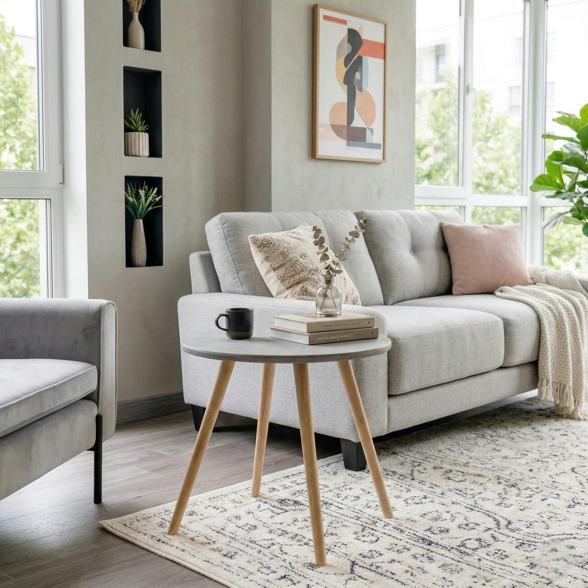 Bout de canapé rond pieds bois et plateau béton D65xH57cm